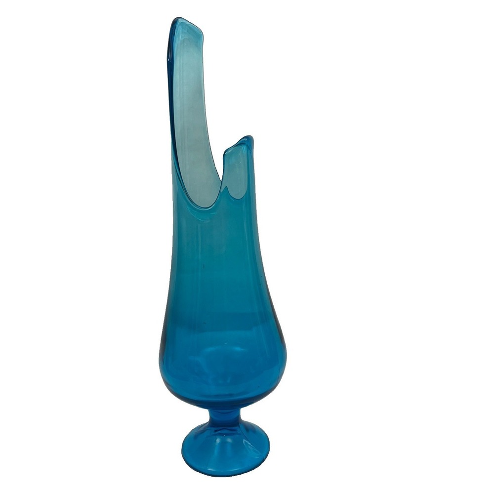 LE Smith Swung Vase Peacock Blue Footed Glass 15.5" Tall MCM